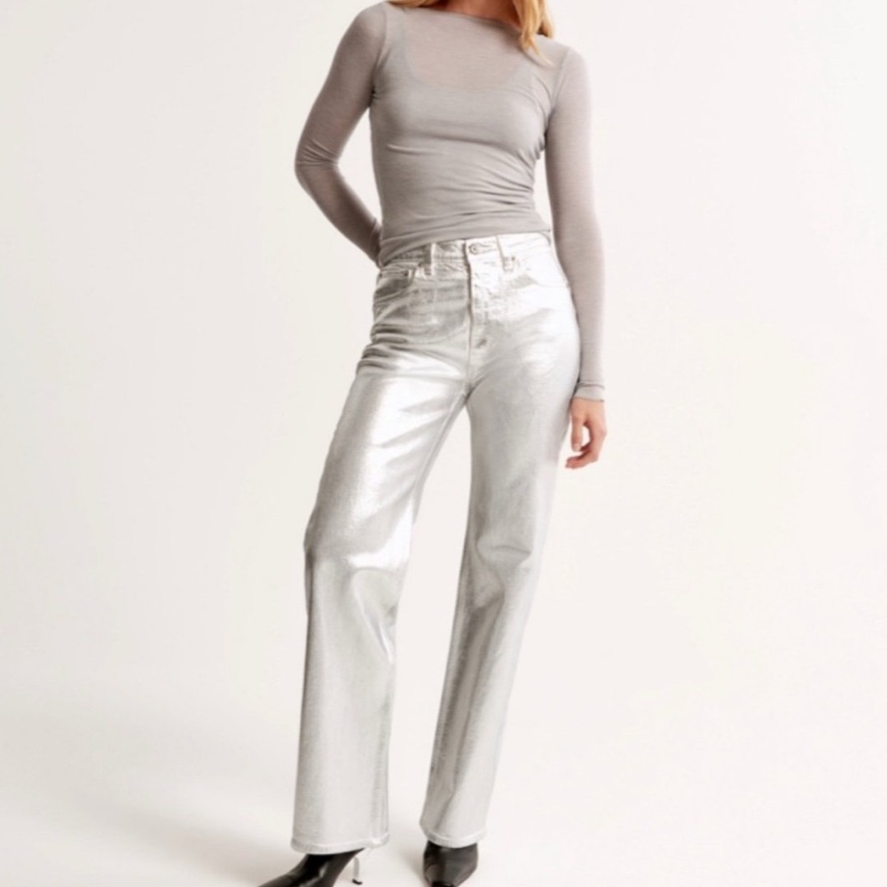 Abercrombie & Fitch Silver Faux Leather The 90s Straight Ultra High Rise Pants